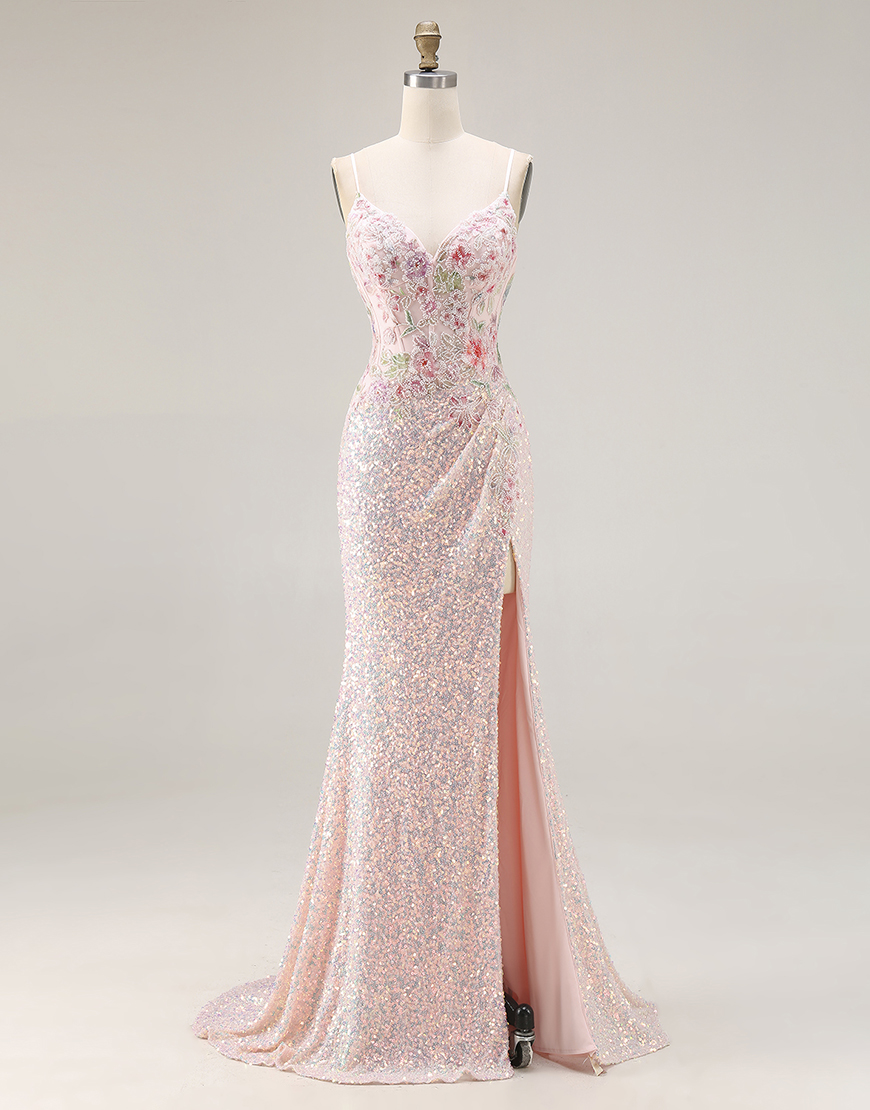 Sparkly Pink Sequins Floral Mermaid Spaghetti Straps Long Corset Prom Dress
