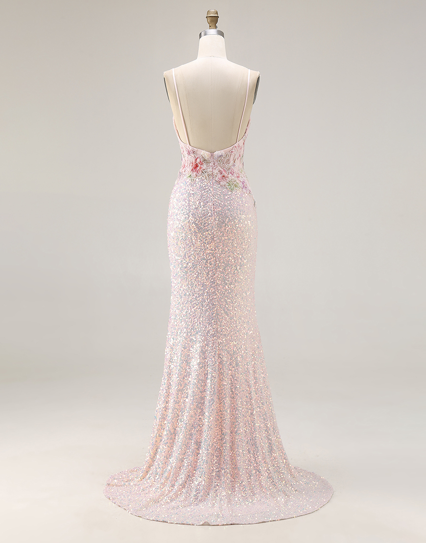 Sparkly Pink Sequins Floral Mermaid Spaghetti Straps Long Corset Prom Dress