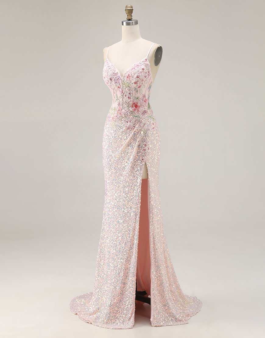 Sparkly Pink Sequins Floral Mermaid Spaghetti Straps Long Corset Prom Dress