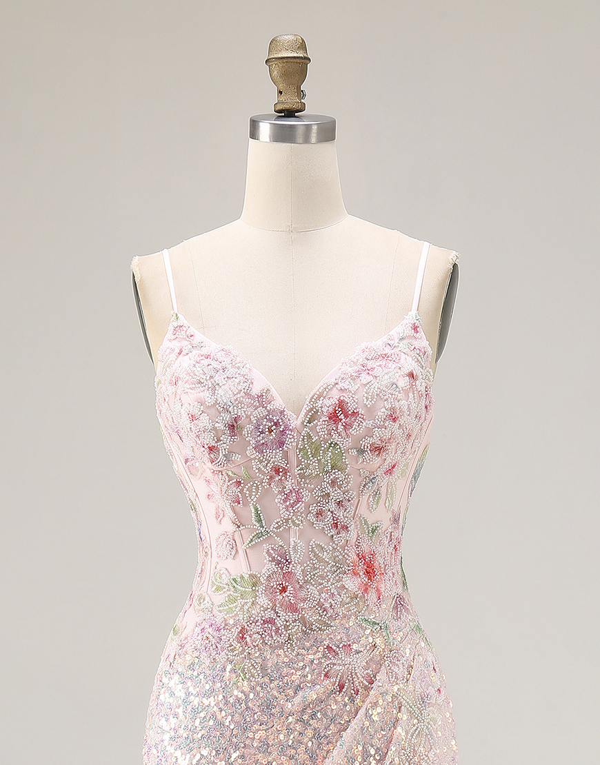 Sparkly Pink Sequins Floral Mermaid Spaghetti Straps Long Corset Prom Dress