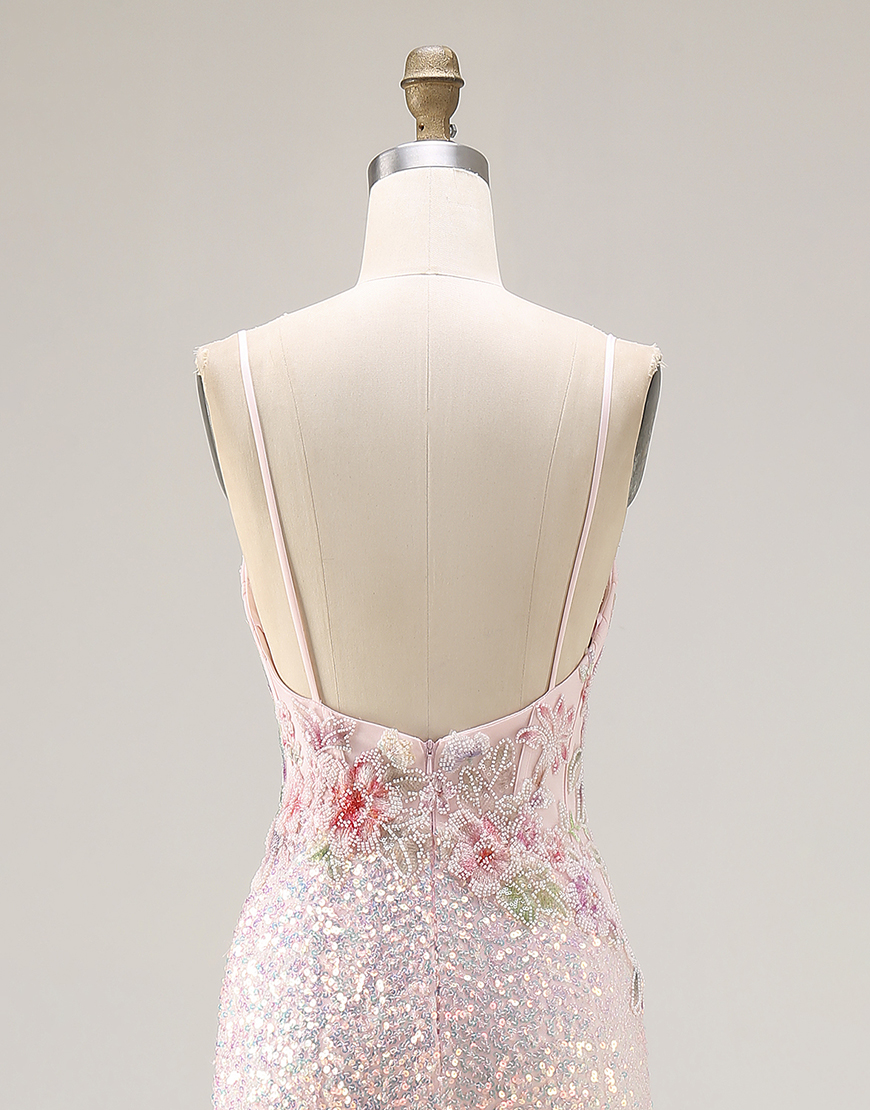 Sparkly Pink Sequins Floral Mermaid Spaghetti Straps Long Corset Prom Dress