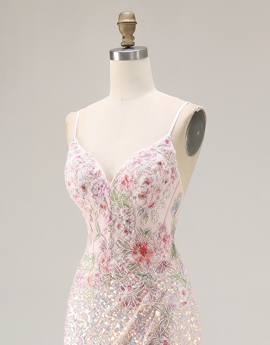 Sparkly Pink Sequins Floral Mermaid Spaghetti Straps Long Corset Prom Dress