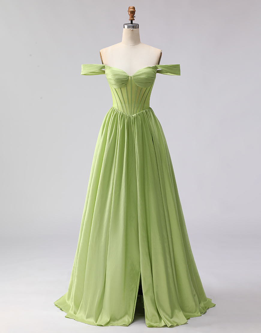 Green Off the Shoulder A Line Long Corset Prom Dress with Slit