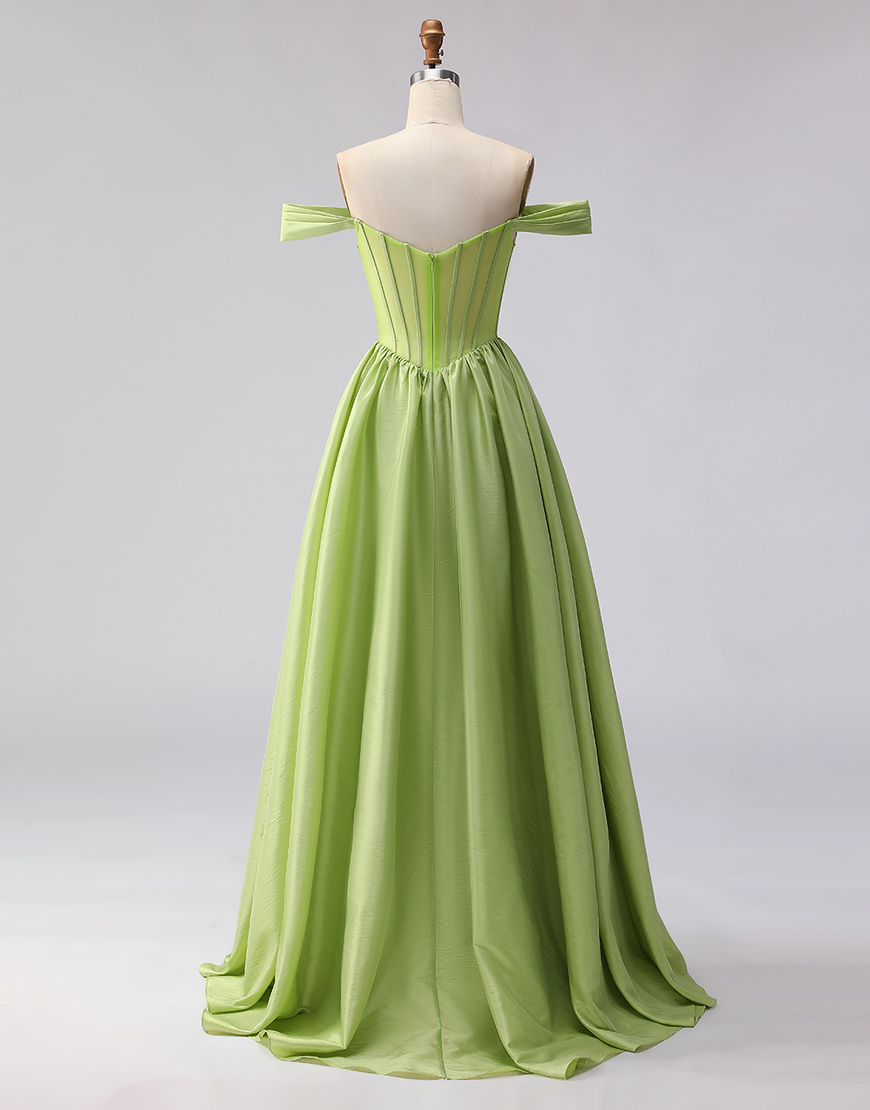 Green Off the Shoulder A Line Long Corset Prom Dress with Slit