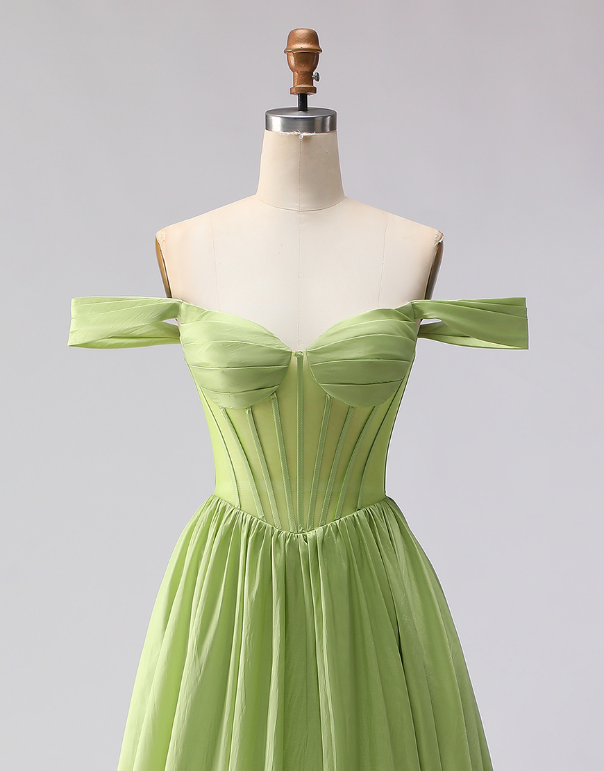 Green Off the Shoulder A Line Long Corset Prom Dress with Slit