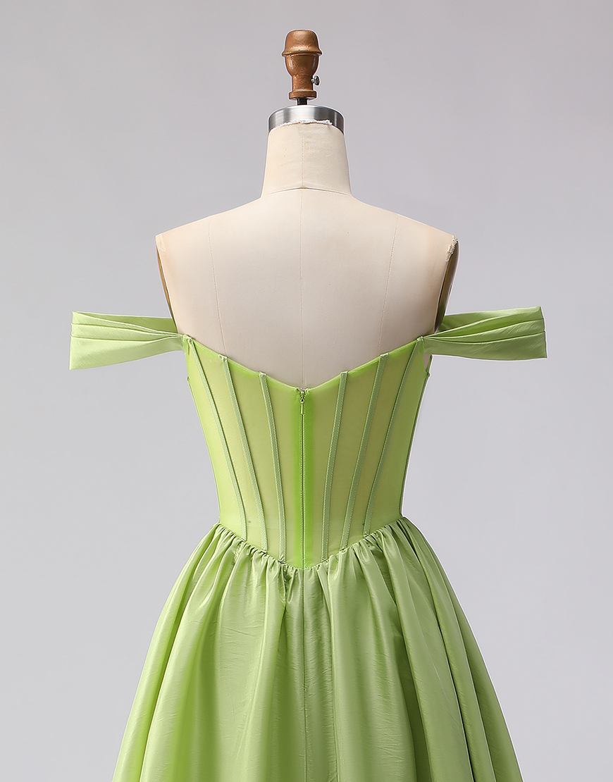 Green Off the Shoulder A Line Long Corset Prom Dress with Slit