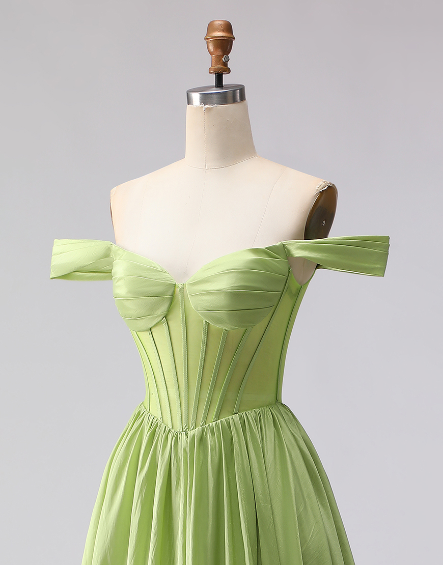Green Off the Shoulder A Line Long Corset Prom Dress with Slit