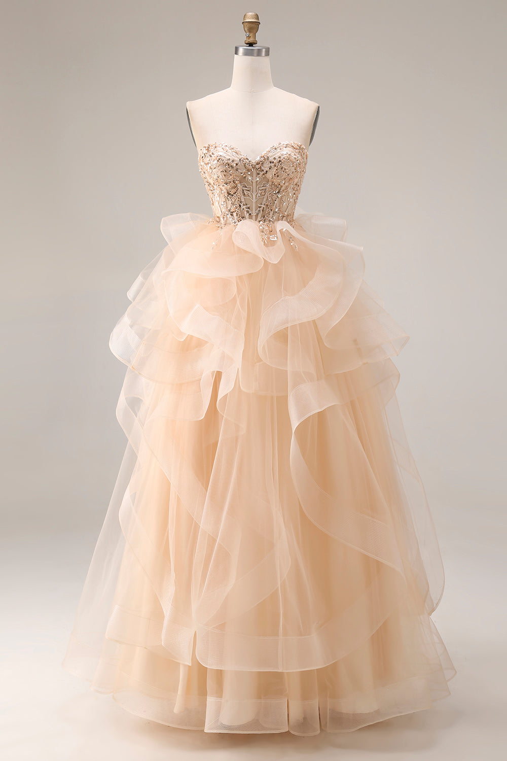 Sparkly Champagne Tulle A Line Sweetheart Corset Long Prom Dress with Ruffles