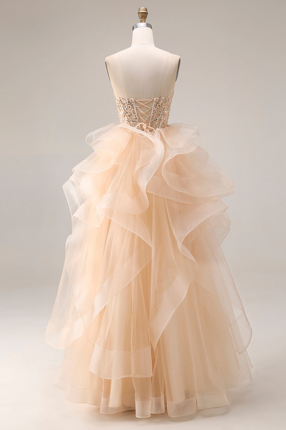 Sparkly Champagne Tulle A Line Sweetheart Corset Long Prom Dress with Ruffles
