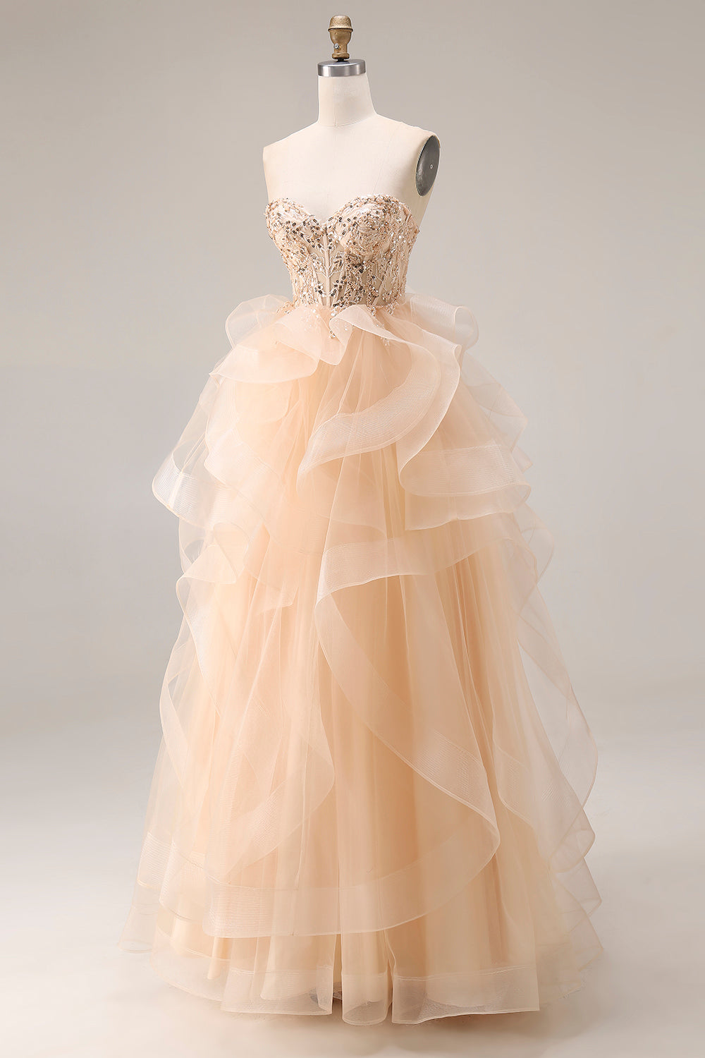 Sparkly Champagne Tulle A Line Sweetheart Corset Long Prom Dress with Ruffles
