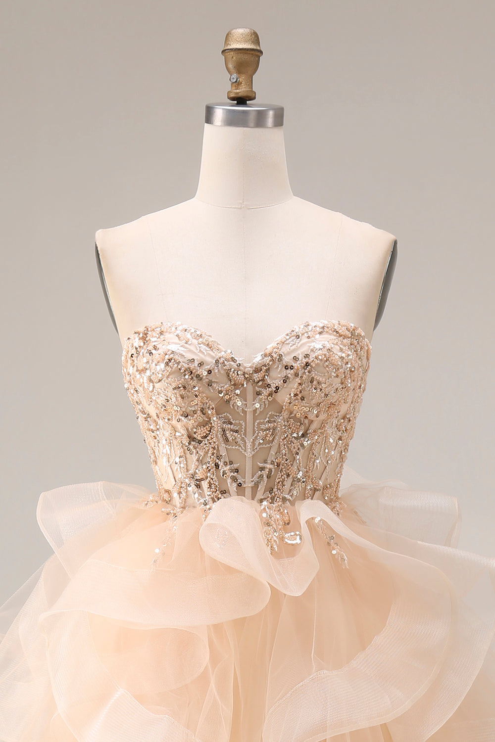 Sparkly Champagne Tulle A Line Sweetheart Corset Long Prom Dress with Ruffles