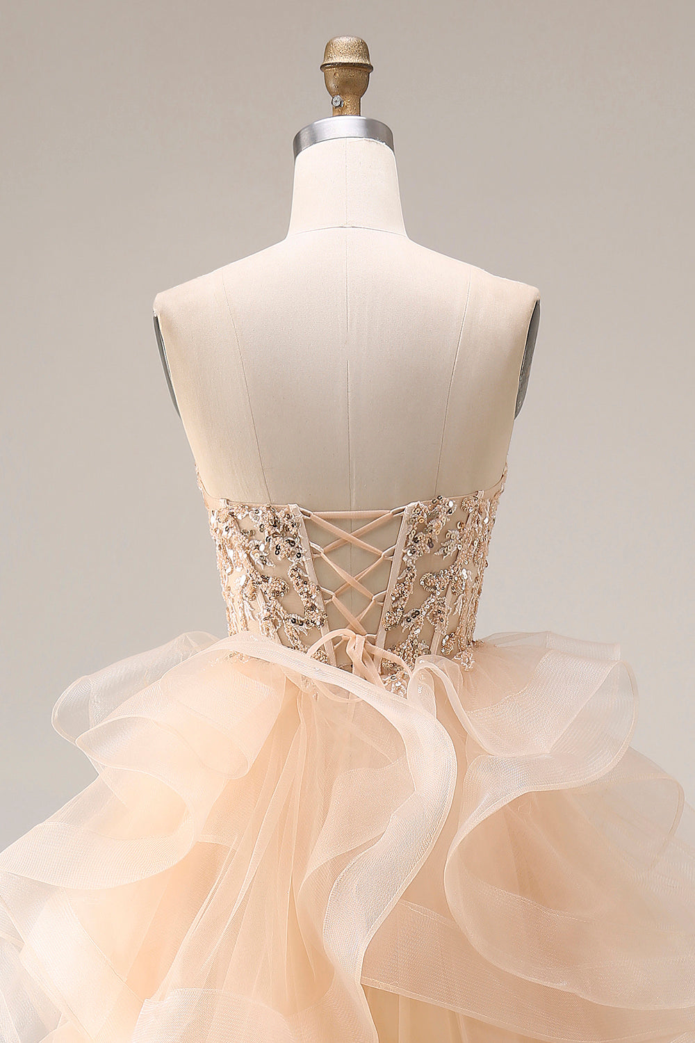 Sparkly Champagne Tulle A Line Sweetheart Corset Long Prom Dress with Ruffles
