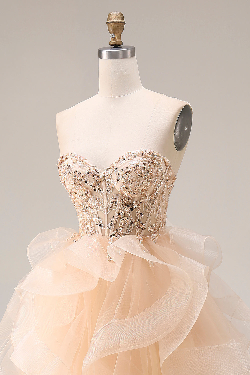 Sparkly Champagne Tulle A Line Sweetheart Corset Long Prom Dress with Ruffles