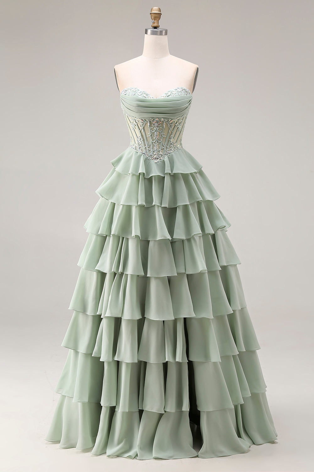 Sweetheart Appliqued Dusty Green A Line Corset Chiffon Long Prom Dress with Ruffles