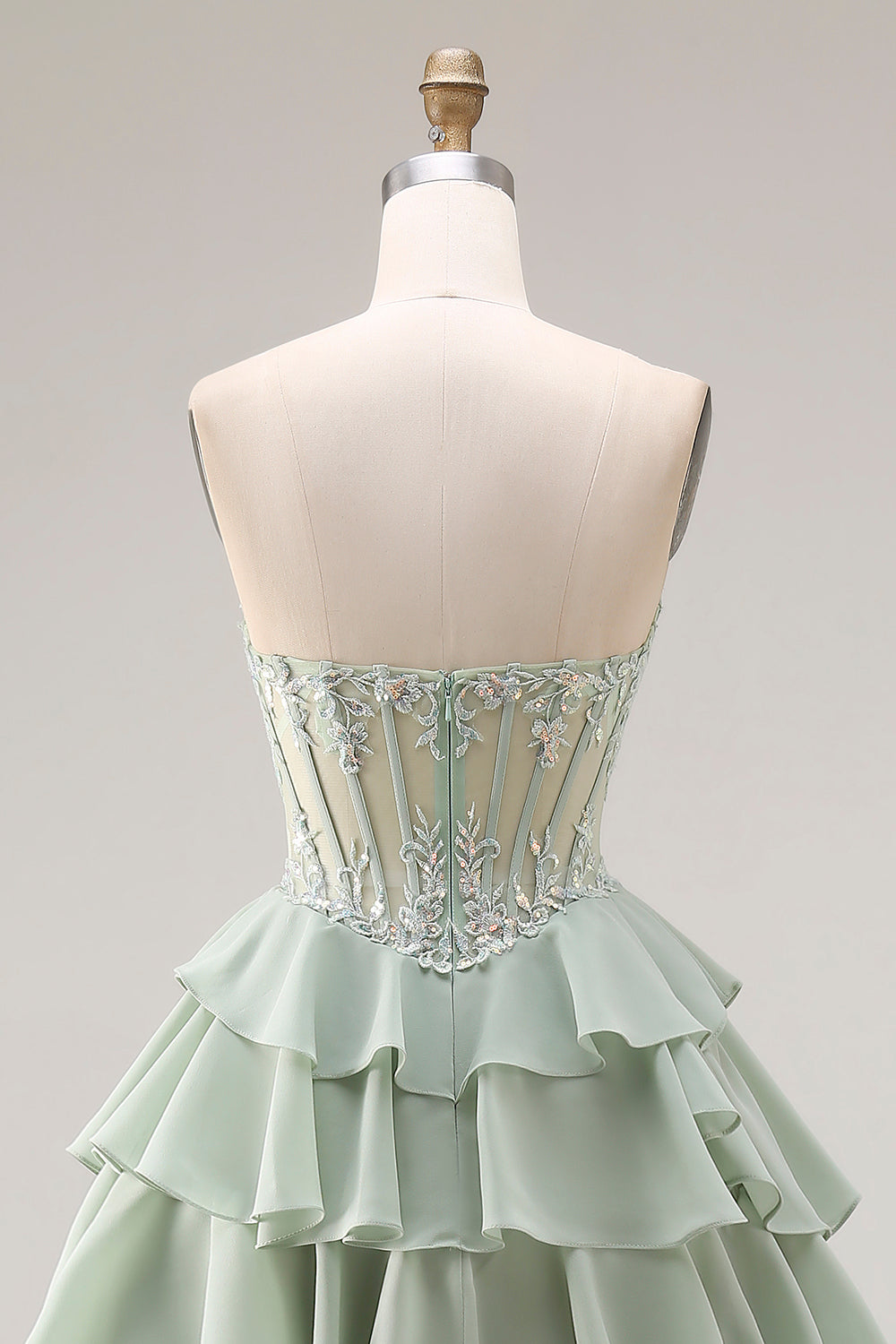 Sweetheart Appliqued Dusty Green A Line Corset Chiffon Long Prom Dress with Ruffles