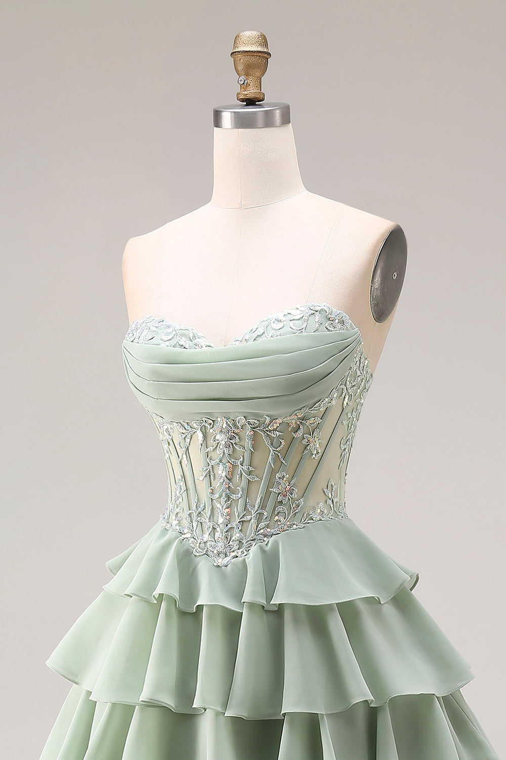 Sweetheart Appliqued Dusty Green A Line Corset Chiffon Long Prom Dress with Ruffles