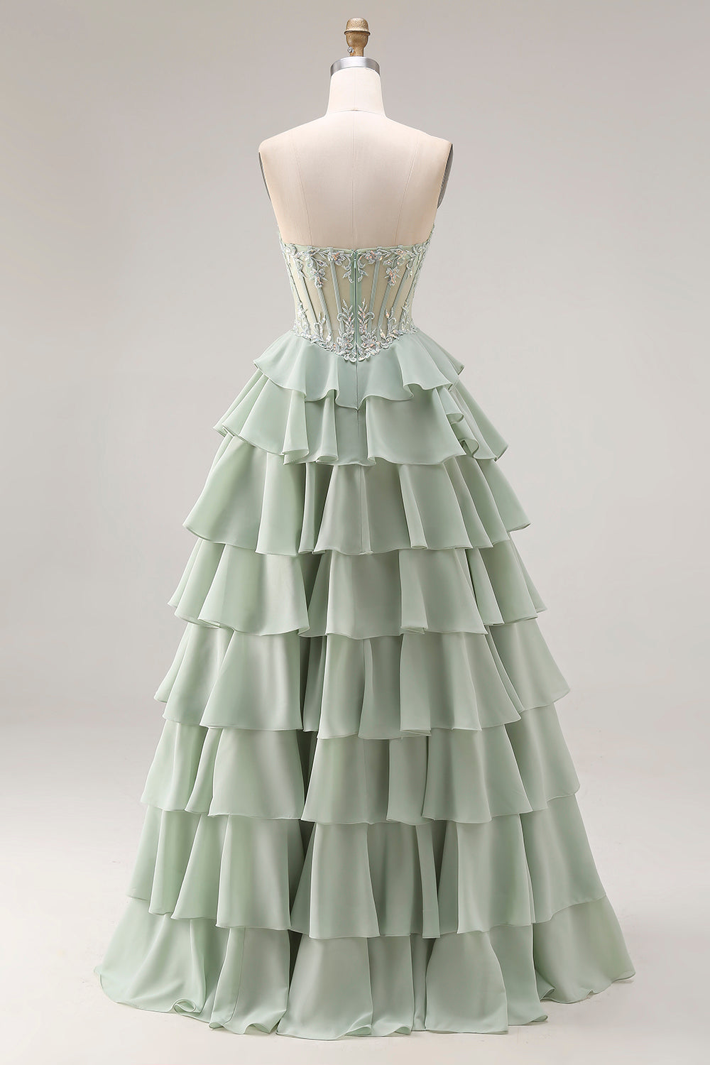 Sweetheart Appliqued Dusty Green A Line Corset Chiffon Long Prom Dress with Ruffles