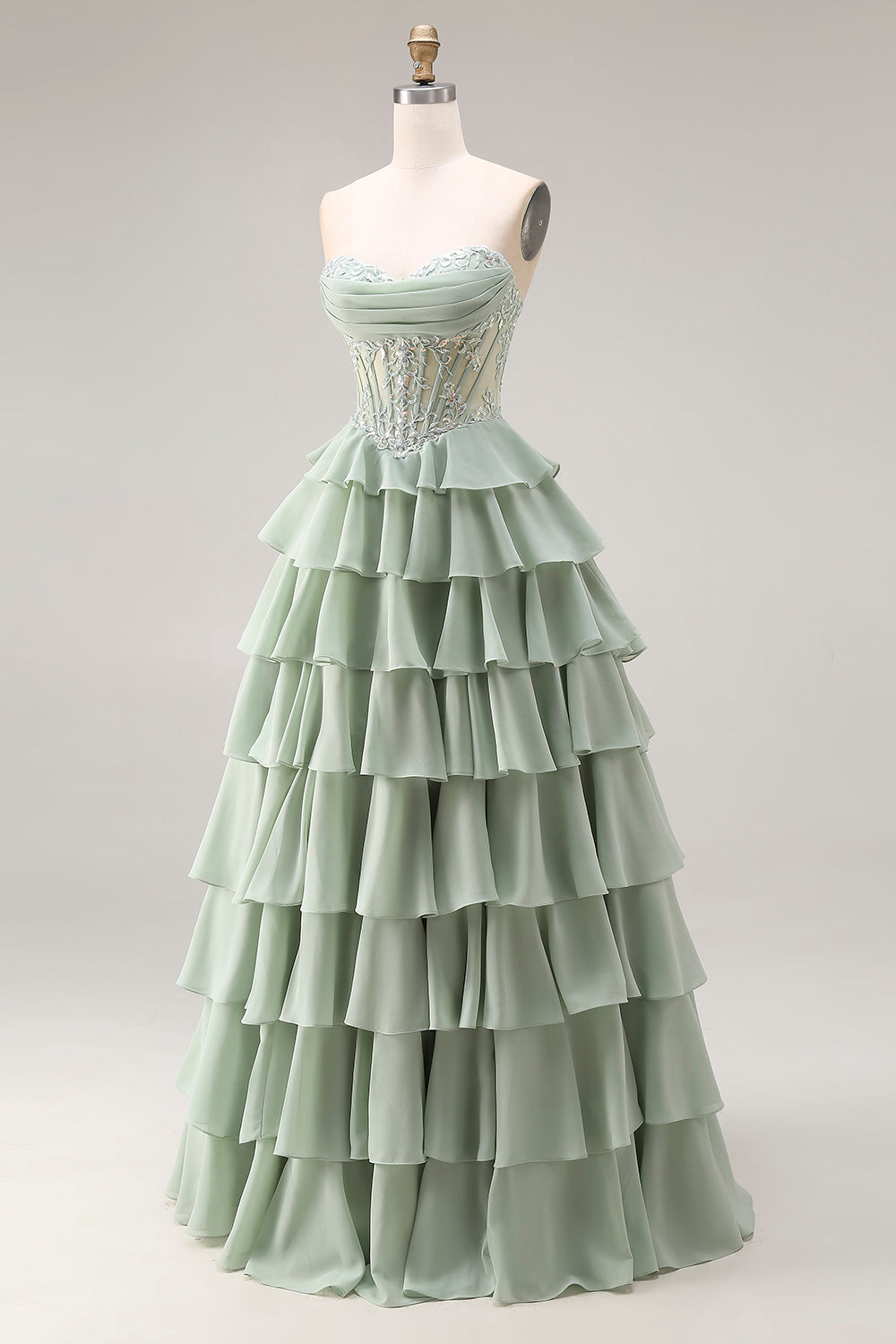 Sweetheart Appliqued Dusty Green A Line Corset Chiffon Long Prom Dress with Ruffles