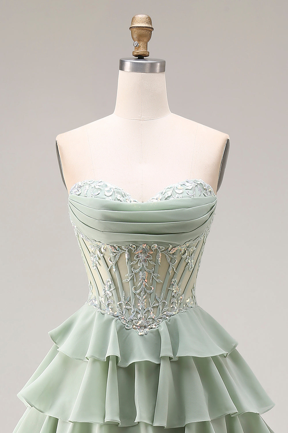 Sweetheart Appliqued Dusty Green A Line Corset Chiffon Long Prom Dress with Ruffles
