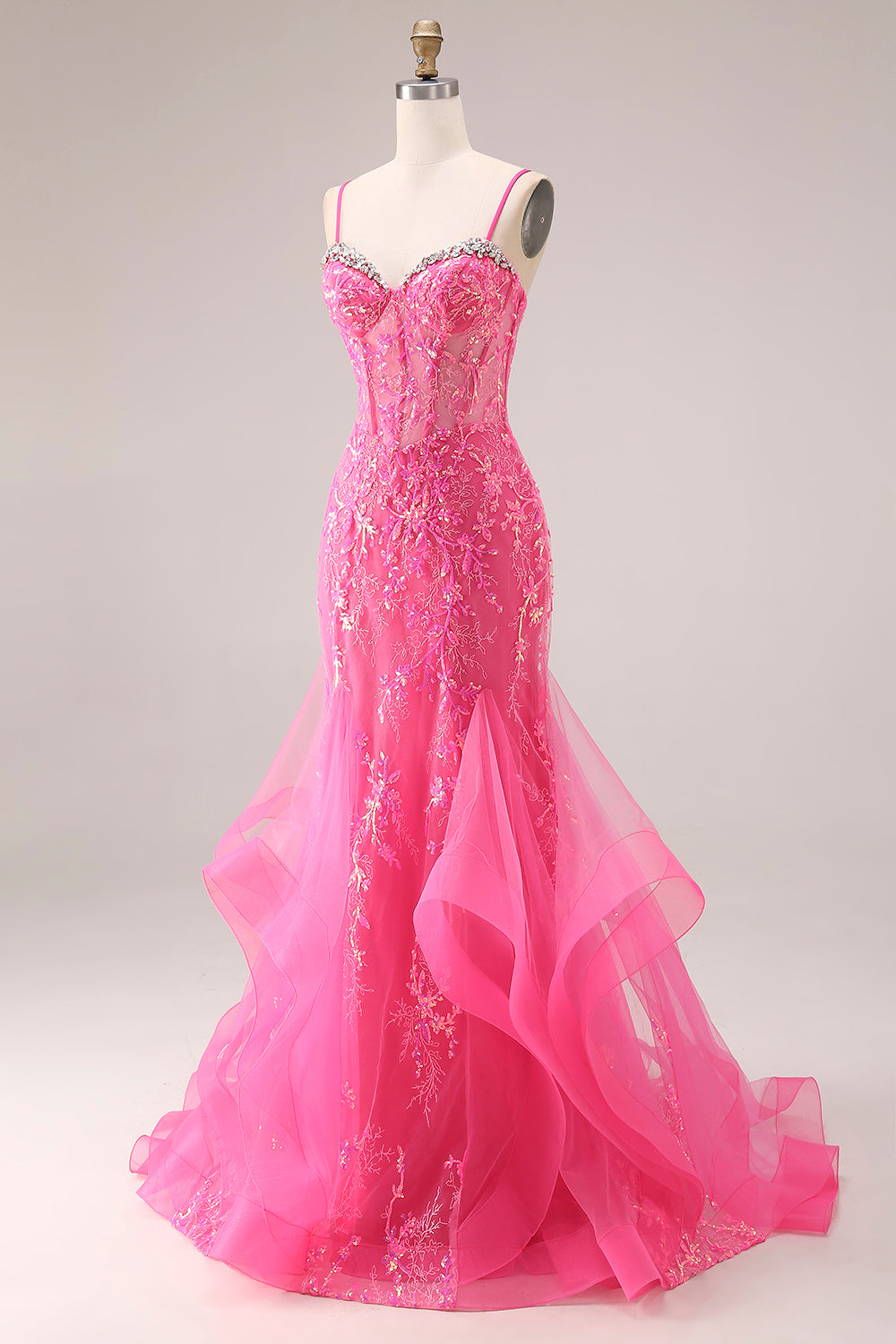 Sparkly Fuchsia Corset Lace Mermaid Spaghetti Straps Long Prom Dress with Ruffles