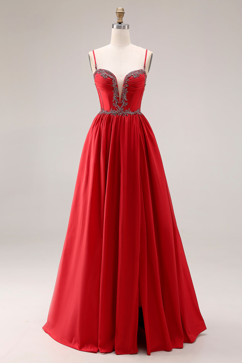 Sparkly Red Beaded A Line Corset Spaghetti Straps Long Prom Dress with Slit