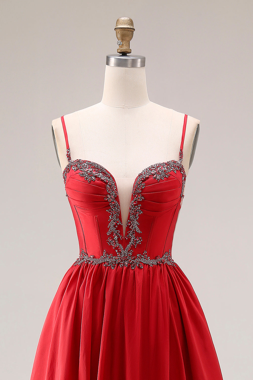 Sparkly Red Beaded A Line Corset Spaghetti Straps Long Prom Dress with Slit