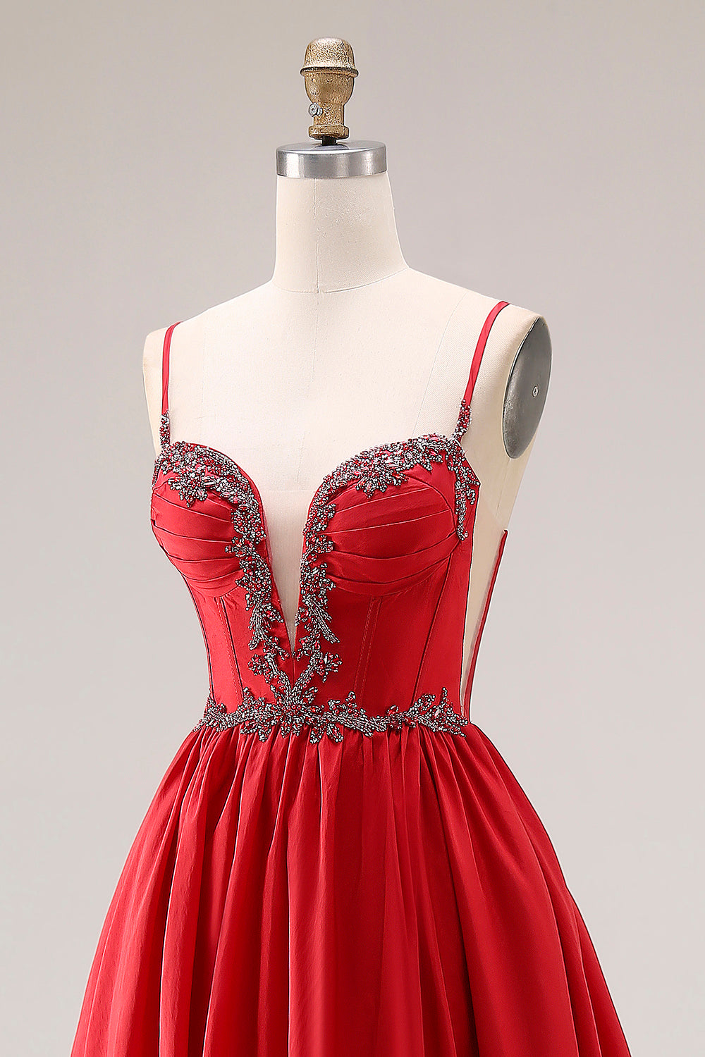 Sparkly Red Beaded A Line Corset Spaghetti Straps Long Prom Dress with Slit
