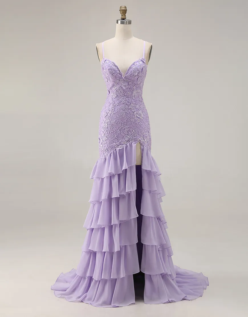 Sparkly Yellow Mermaid Spaghetti Straps Ruffled Long Prom Dress with Sequined Appliques