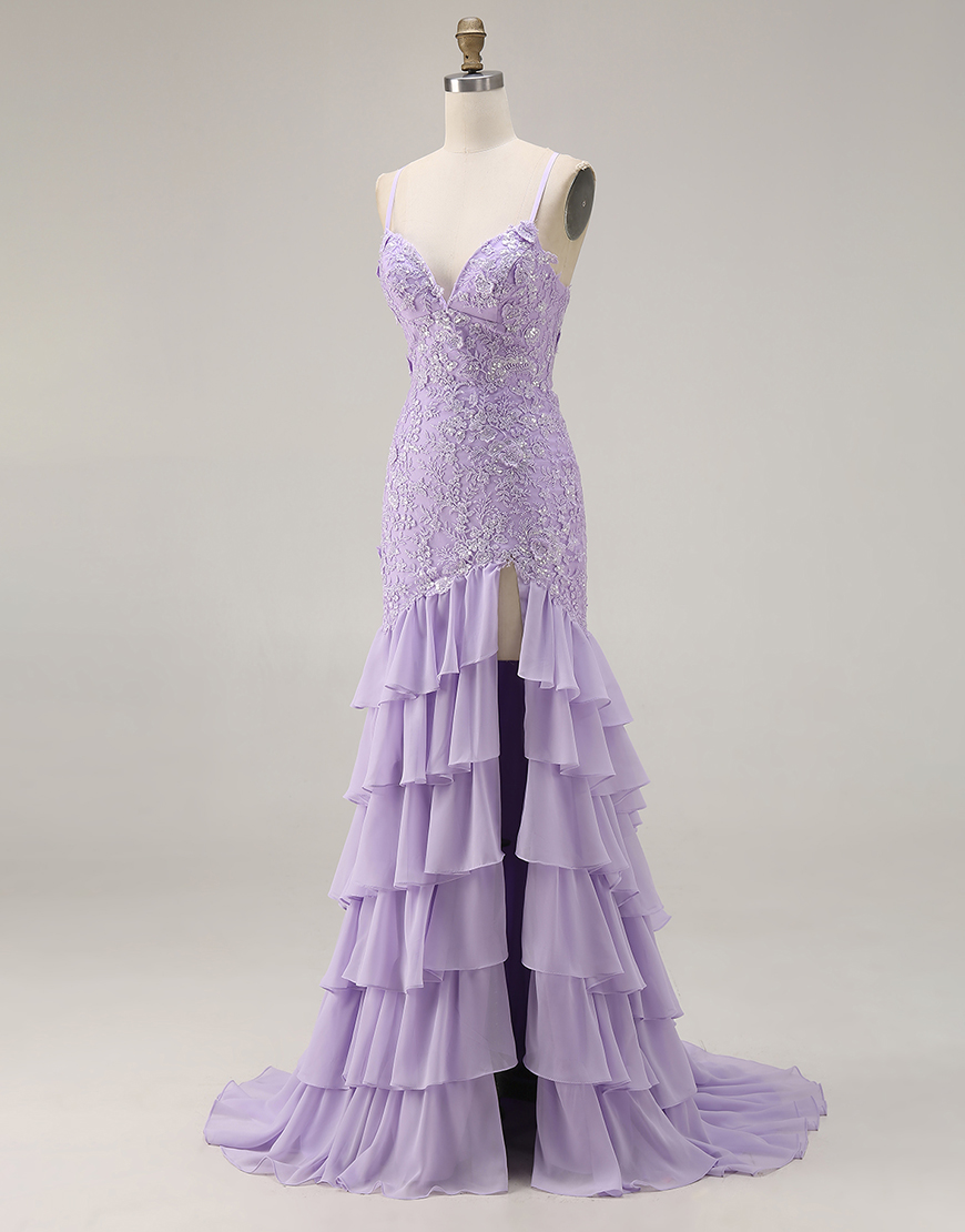 Purple Mermaid Floral Spaghetti Straps Long Prom Dress with Ruffles