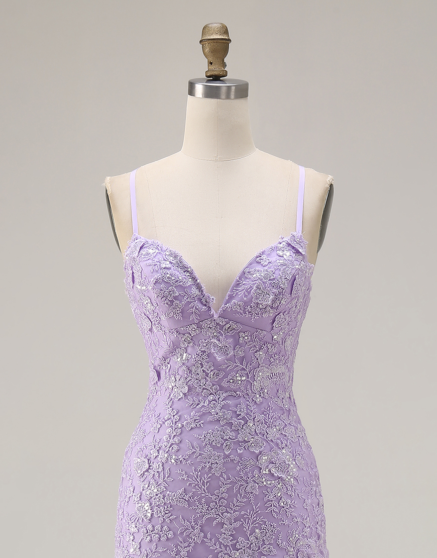 Purple Mermaid Floral Spaghetti Straps Long Prom Dress with Ruffles