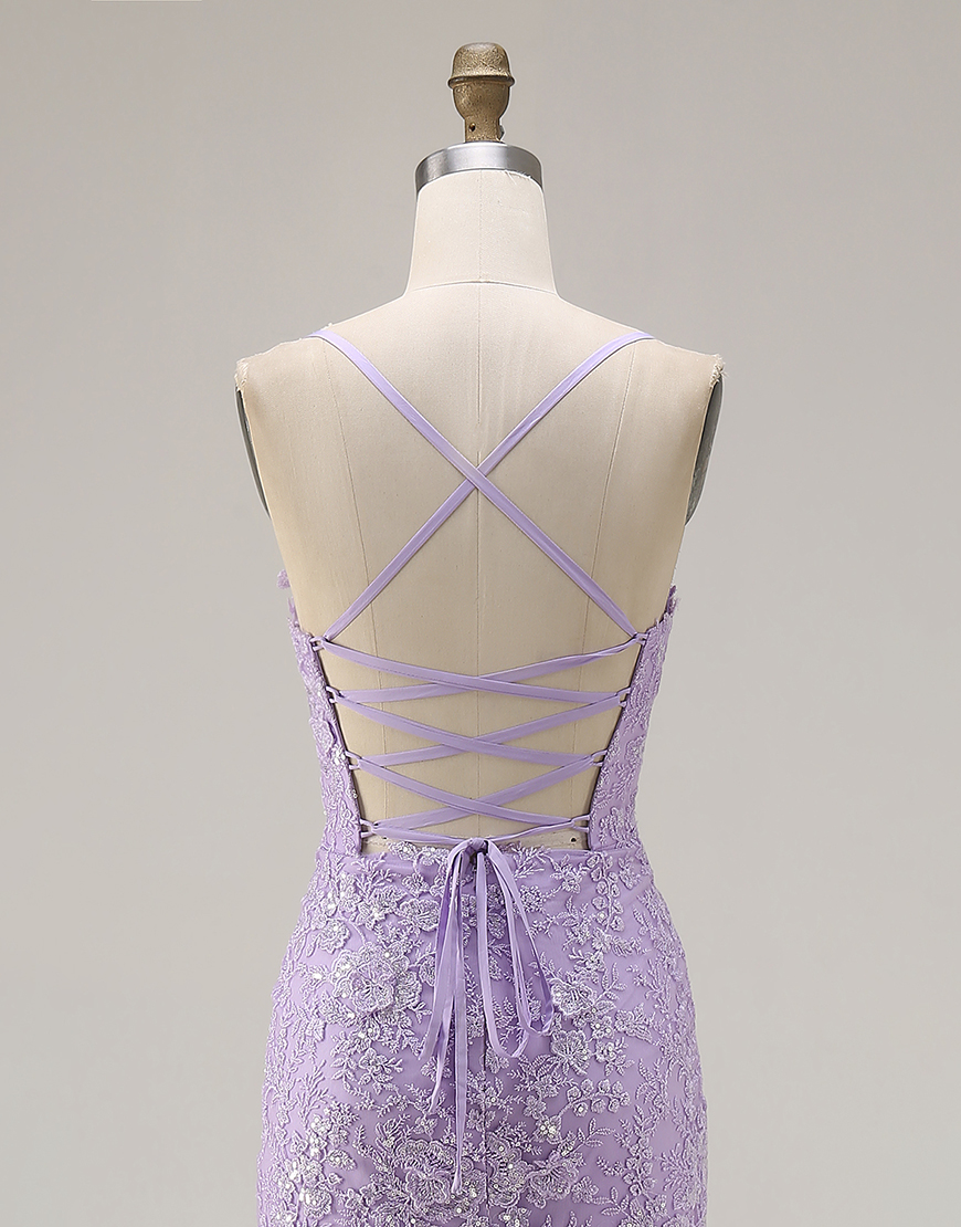 Purple Mermaid Floral Spaghetti Straps Long Prom Dress with Ruffles