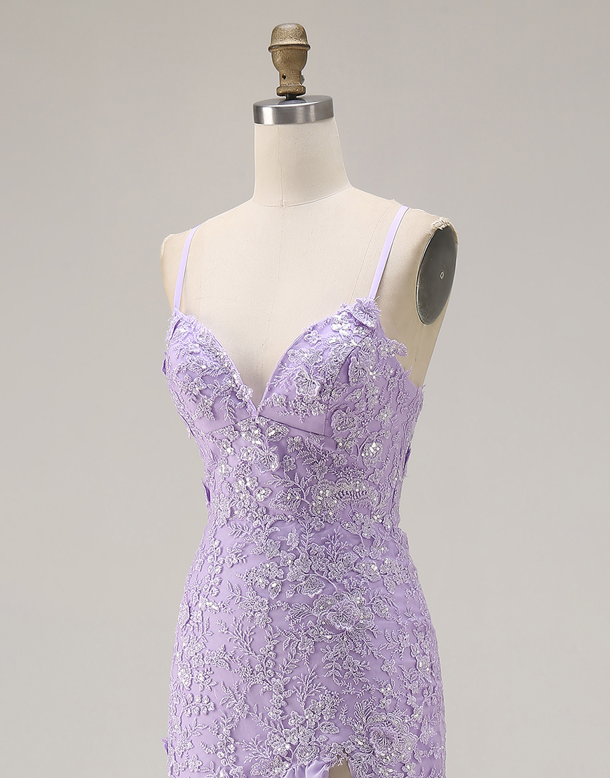 Purple Mermaid Floral Spaghetti Straps Long Prom Dress with Ruffles