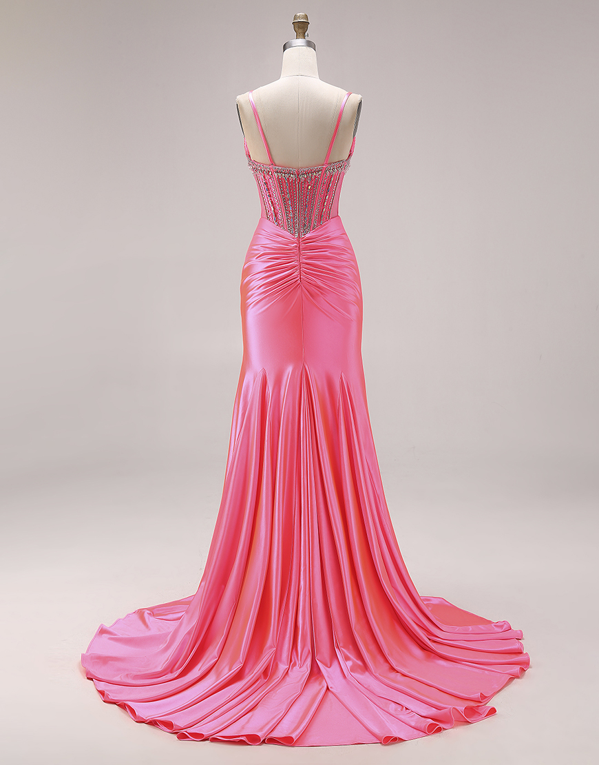 Sparkly Bright Pink Mermaid Satin Ruched Long Corset Prom Dress with Slit
