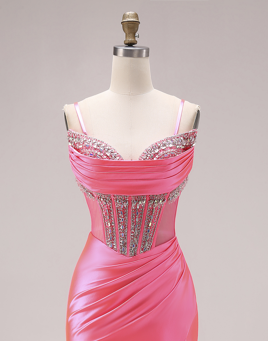 Sparkly Bright Pink Mermaid Satin Ruched Long Corset Prom Dress with Slit