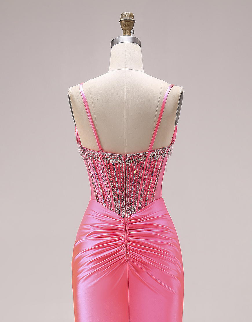 Sparkly Bright Pink Mermaid Satin Ruched Long Corset Prom Dress with Slit
