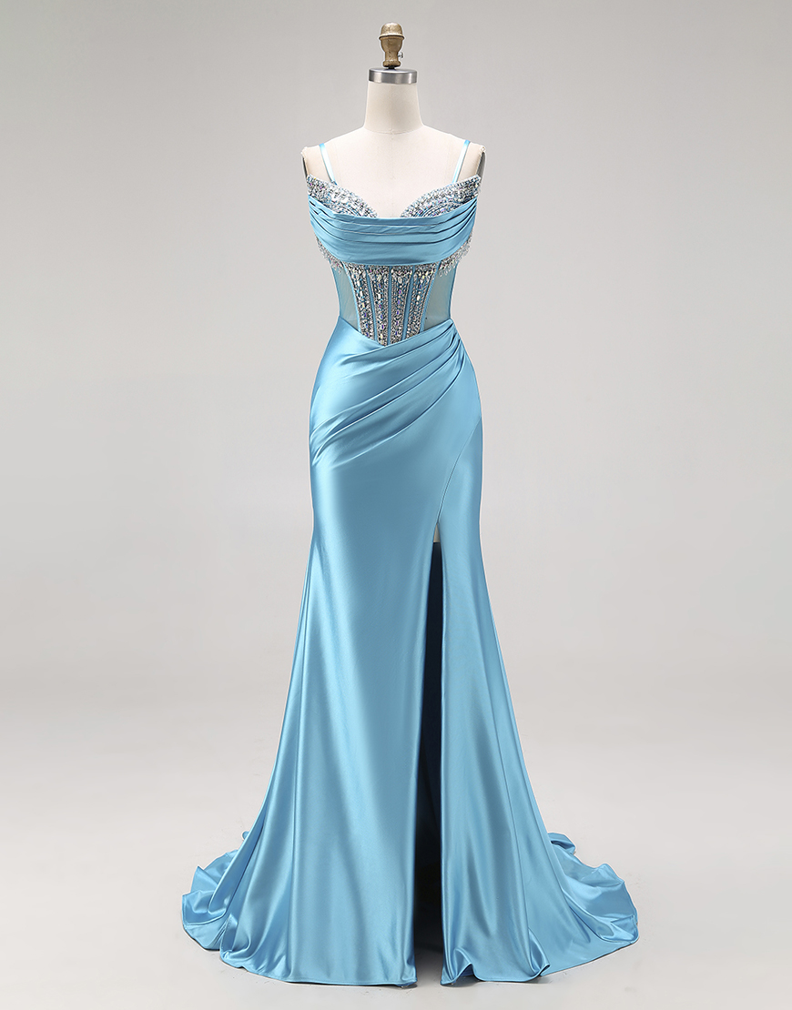 Sparkly Bright Pink Mermaid Satin Ruched Long Corset Prom Dress with Slit