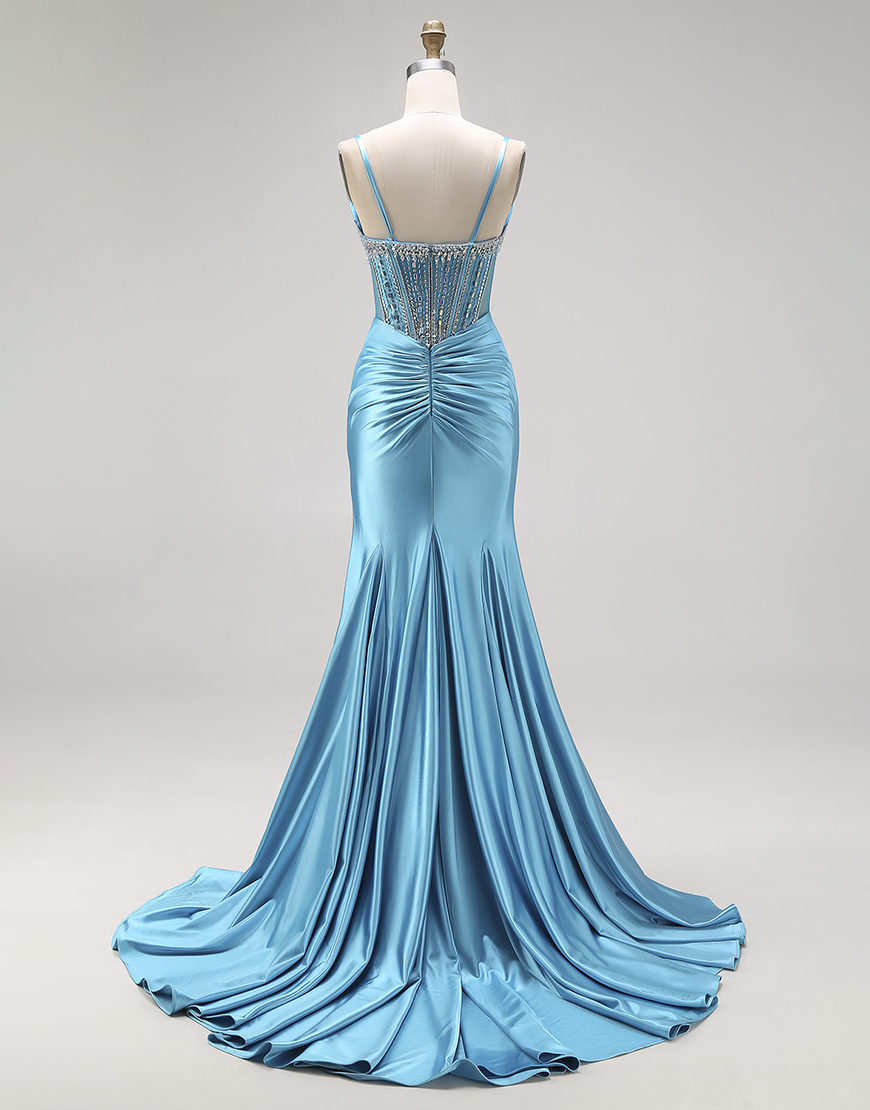 Sparkly Bright Pink Mermaid Satin Ruched Long Corset Prom Dress with Slit