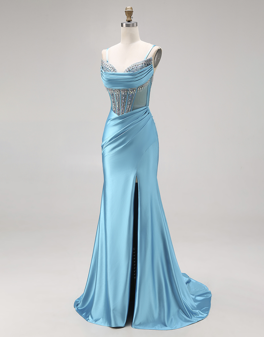 Sparkly Bright Pink Mermaid Satin Ruched Long Corset Prom Dress with Slit