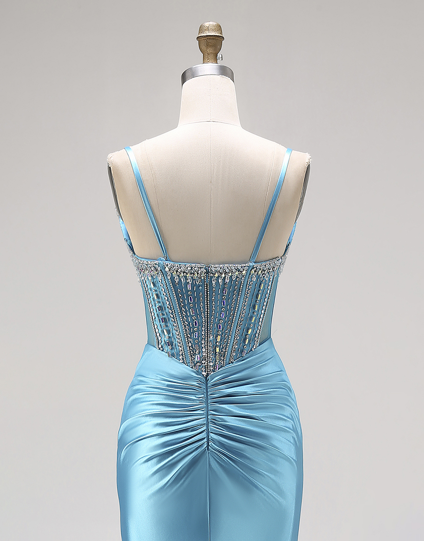 Sparkly Bright Pink Mermaid Satin Ruched Long Corset Prom Dress with Slit