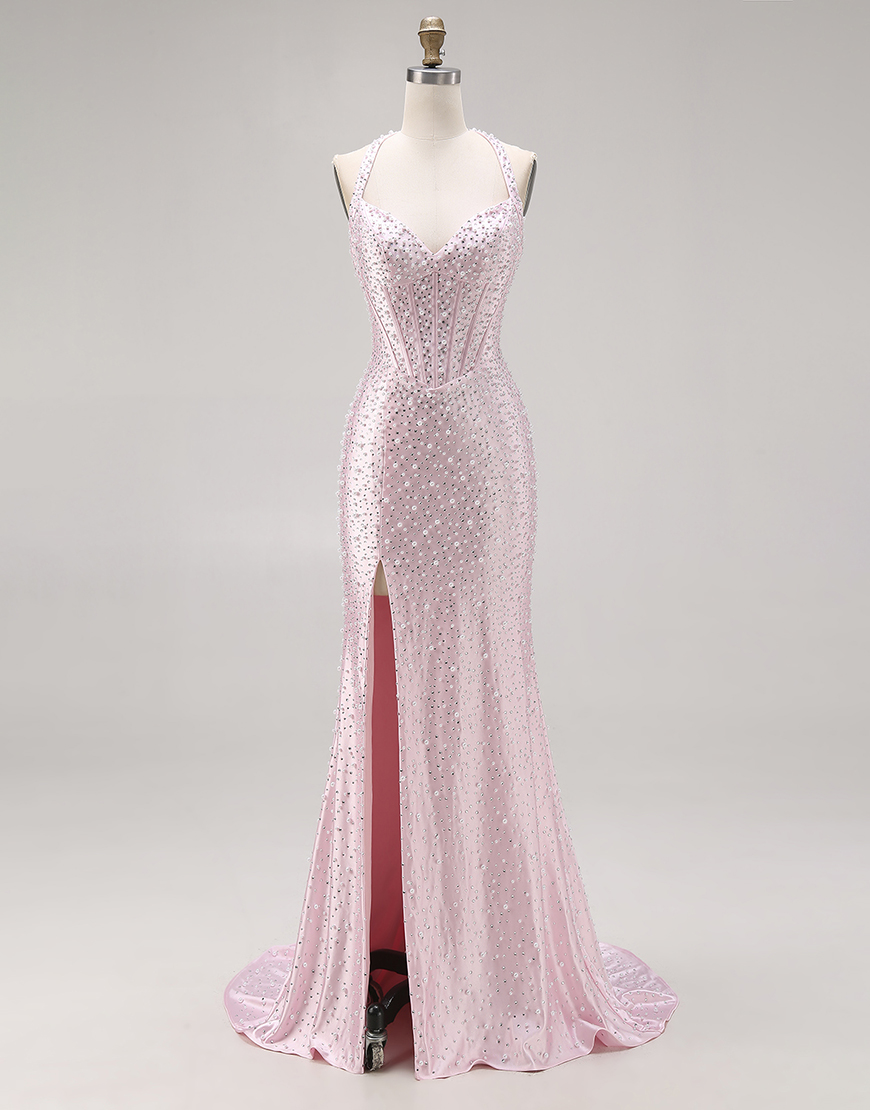 Sparkly Light Pink Halter Mermaid Long Corset Prom Dress with Beading