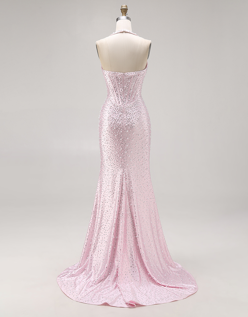 Sparkly Light Pink Halter Mermaid Long Corset Prom Dress with Beading