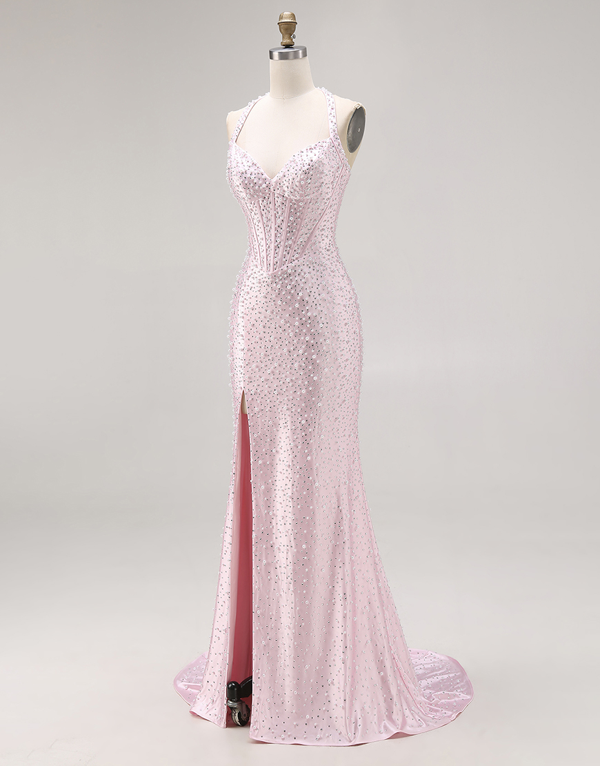 Sparkly Light Pink Halter Mermaid Long Corset Prom Dress with Beading
