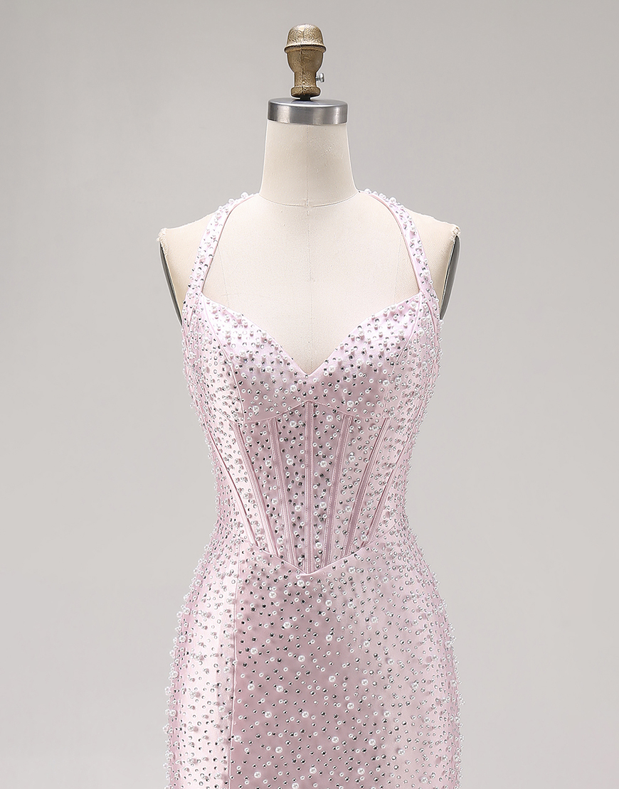 Sparkly Light Pink Halter Mermaid Long Corset Prom Dress with Beading