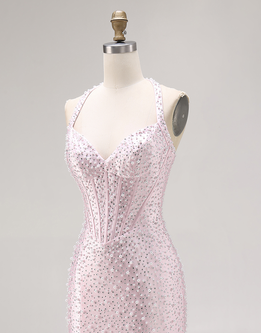 Sparkly Light Pink Halter Mermaid Long Corset Prom Dress with Beading