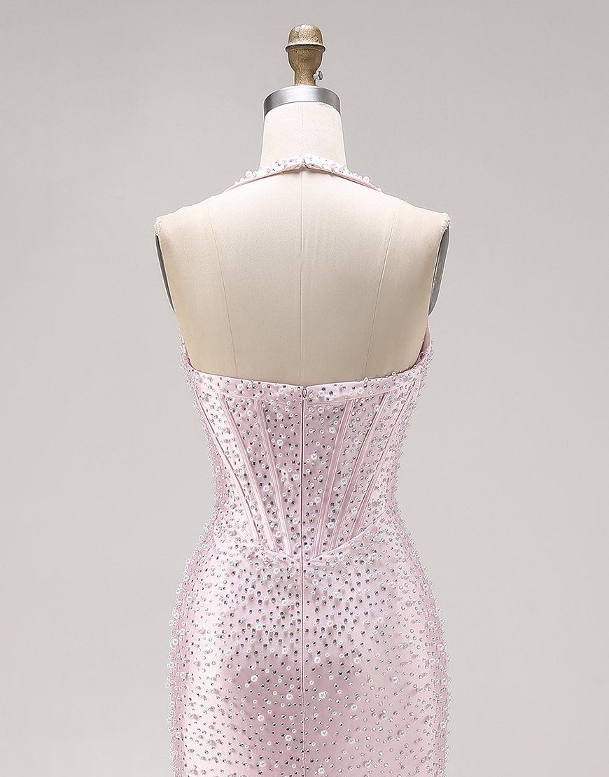 Sparkly Light Pink Halter Mermaid Long Corset Prom Dress with Beading