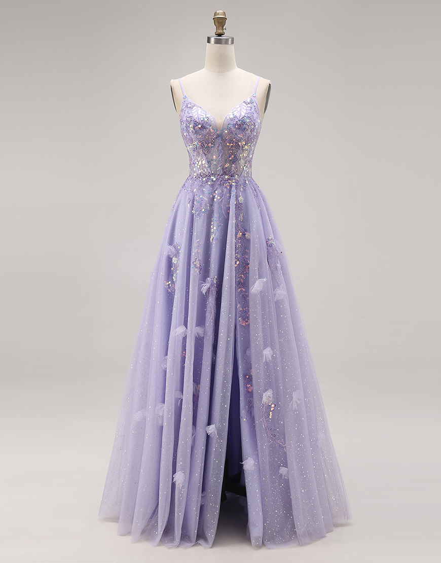 Sparkly Light Purple Sequins Spaghetti Straps Long Corset Prom Dress with Slit