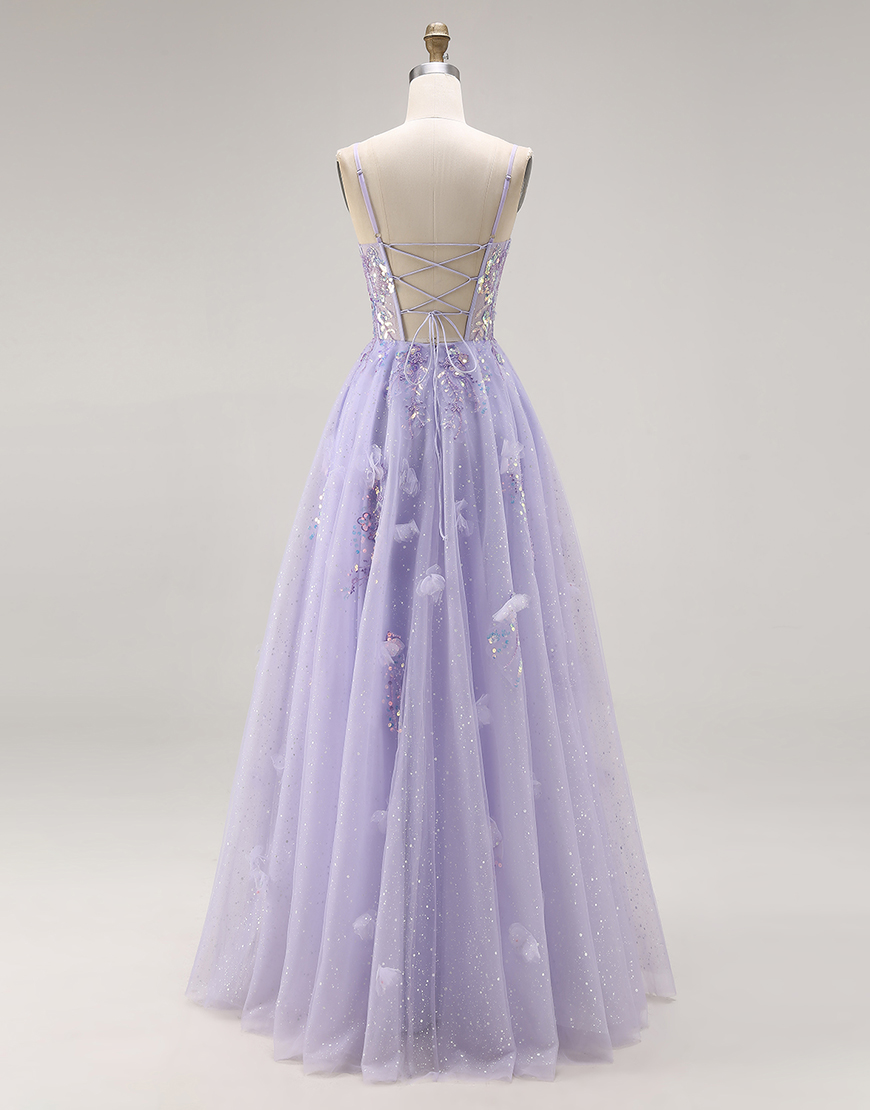 Sparkly Light Purple Sequins Spaghetti Straps Long Corset Prom Dress with Slit
