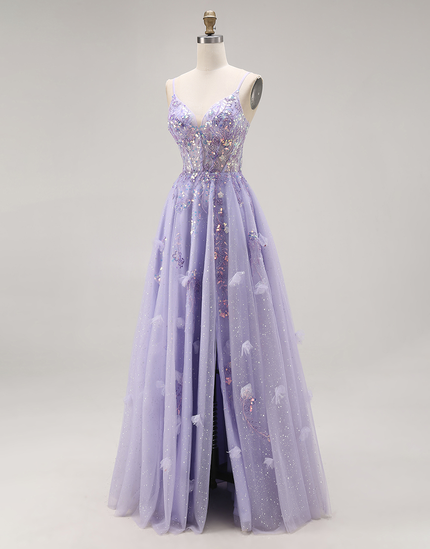 Sparkly Light Purple Sequins Spaghetti Straps Long Corset Prom Dress with Slit