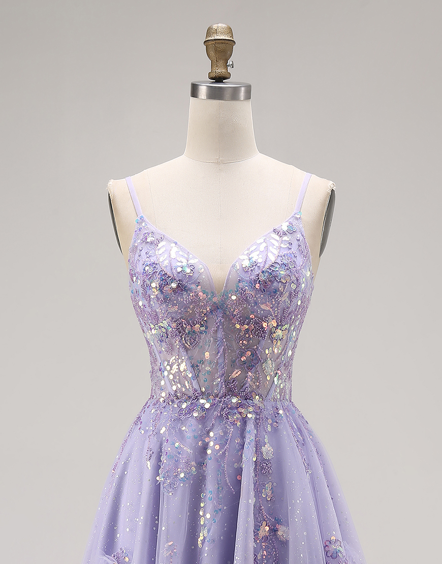 Sparkly Light Purple Sequins Spaghetti Straps Long Corset Prom Dress with Slit