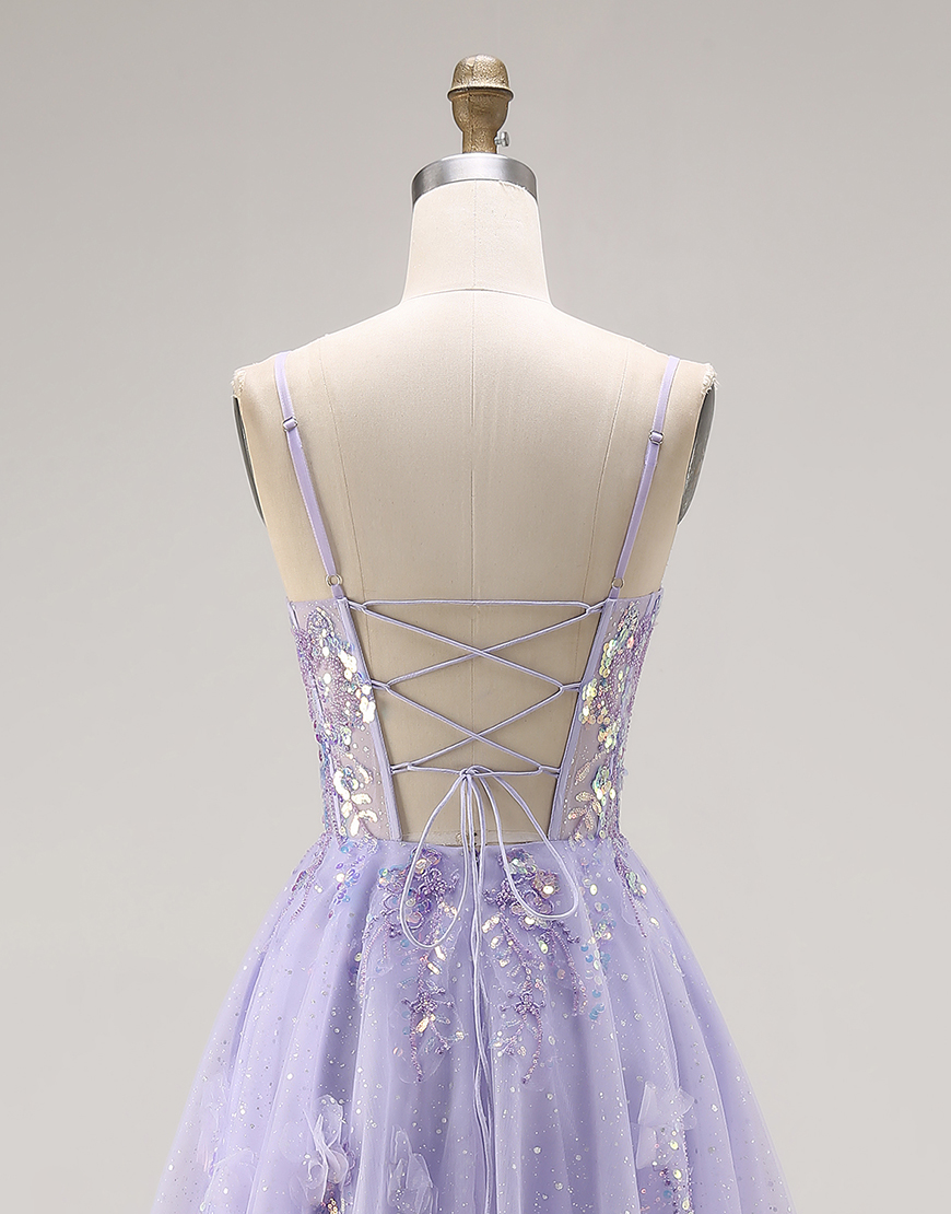 Sparkly Light Purple Sequins Spaghetti Straps Long Corset Prom Dress with Slit